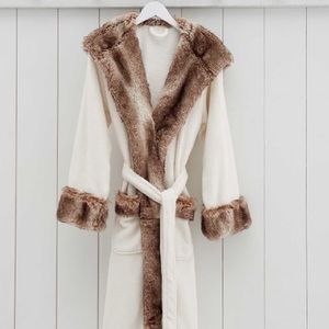 Faux Fur Hooded Bath Robe - Ivory/Caramel Ombre with Custom Initial “K”